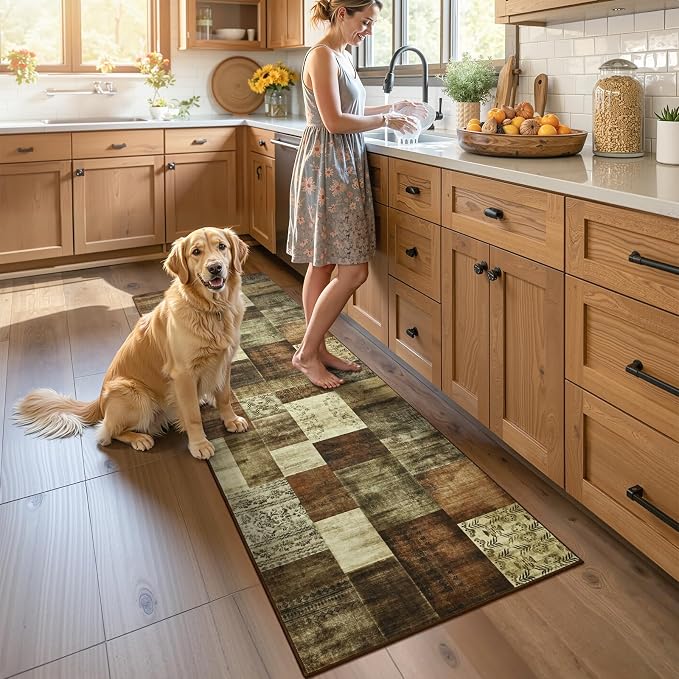 DweIke Runner Rug for for Hallways, 2'x6' Washable Kitchen Rugs with Non Slip Rubber Backing, Soft Low Pile Non-Shedding Geometric Carpet for Laundry Bedroom Bathroom, Brown