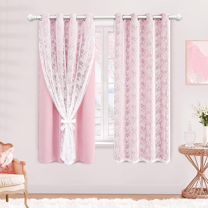 Yinhua Pink Blackout Curtains for Bedroom Double Layer Nursery Curtains for Living Room 54 Inch Length 2 Panels Set Kid Curtain with Floral Sheer Overlay, Grommet Drapes with Tiebacks, 52" W x 54" L