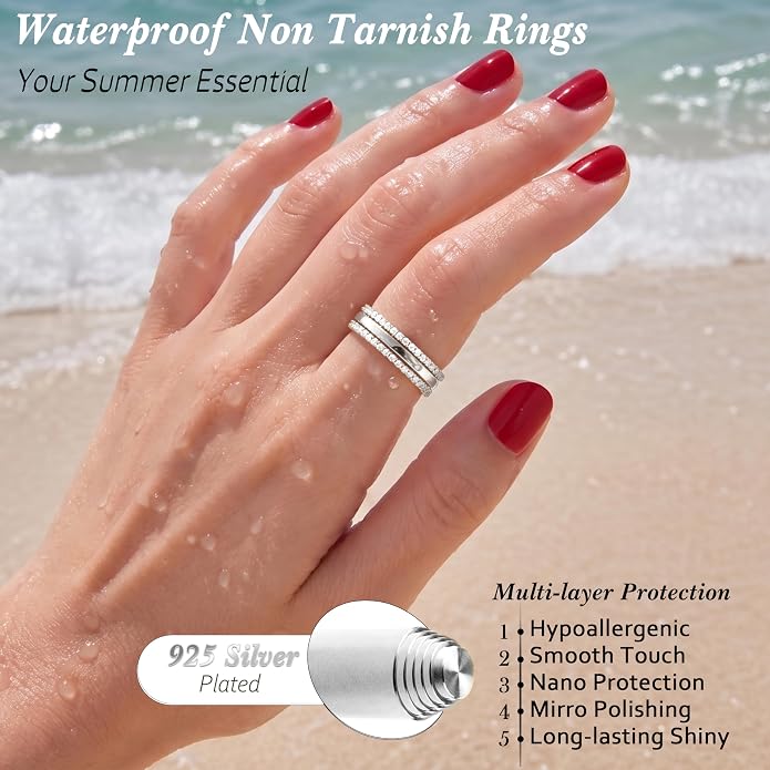 Purplepig Stackable Rings for Women Non Tarnish, Two Tone Mixed Metal Dainty Eternity Band Set, 14K Gold & Sterling Silver Plated Cubic Zirconia Hypoallergenic Wedding Thumb Pinky Rings Size 4-11