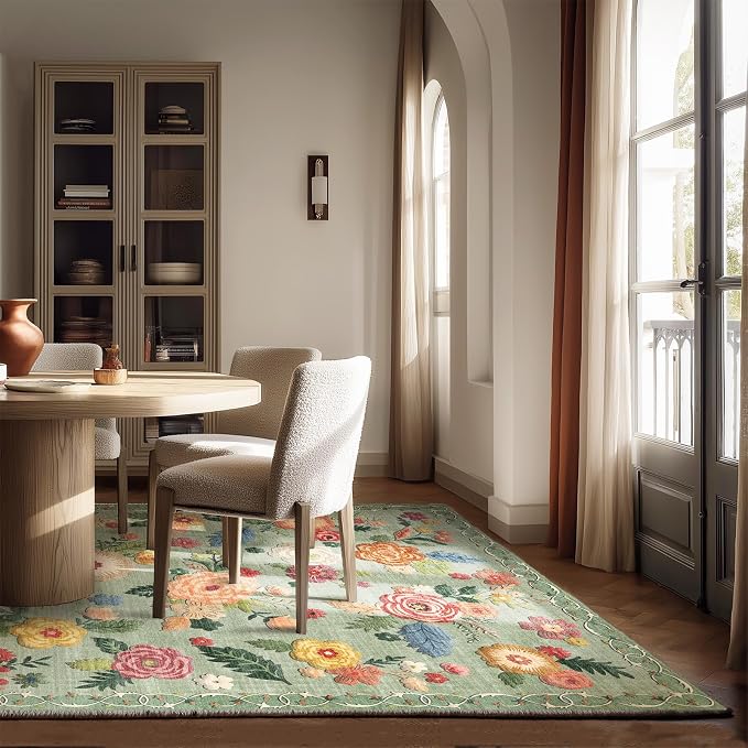 6x9 Area Rugs for Living Room: Washable Bedroom Rug Non Slip Low Pile Soft Faux Wool Non Shedding Lightweight Distressed Vintage Green Floral Large Carpet for Dining Room Entryway Farmhouse Office