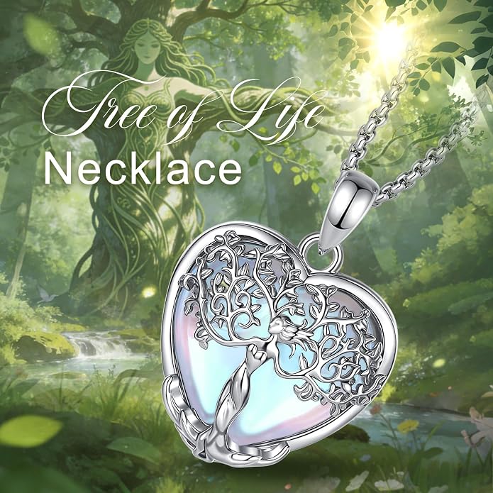 AEONSLOVE Tree of Life Necklace with Crystal for Women, Amethyst/Obsidian/Turquoise/Moonstone/Malachite Crystal Pendant Necklaces for Ladies