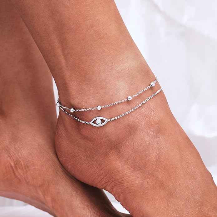 CHIC & ARTSY 925 Sterling Silver Ankle Bracelets for Women, Adjustable Layered Foot Chains with Nature & Symbol Charms, Lightweight Comfort Fit Boho Beach Everyday Jewelry