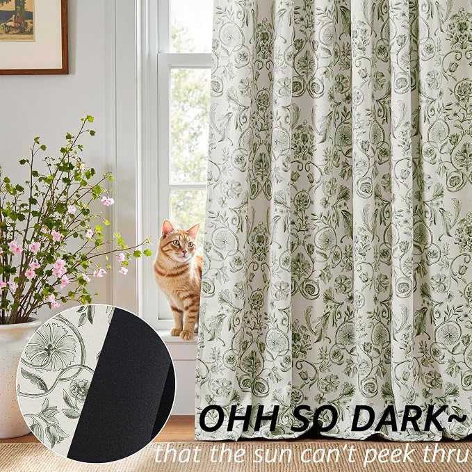 jinchan Green Floral Blackout Curtains 96 Inch Farmhouse Back Tab 2 Panels | Green on beige, room darkening, traditional vintage drapes, bedroom, living room, botanical, flower print, window treatment