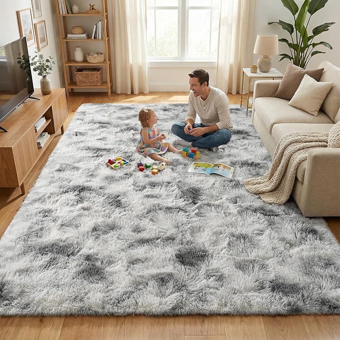 Fluffy Rugs for Living Room:Tie-dye White Grey Soft Shag Rug for Bedroom, Large Fuzzy Plush Indoor Floor Carpet Non Slip Modern Rug for Nursery Boys Girls Kids Room Dorms Home Decor, 9x11 Feet