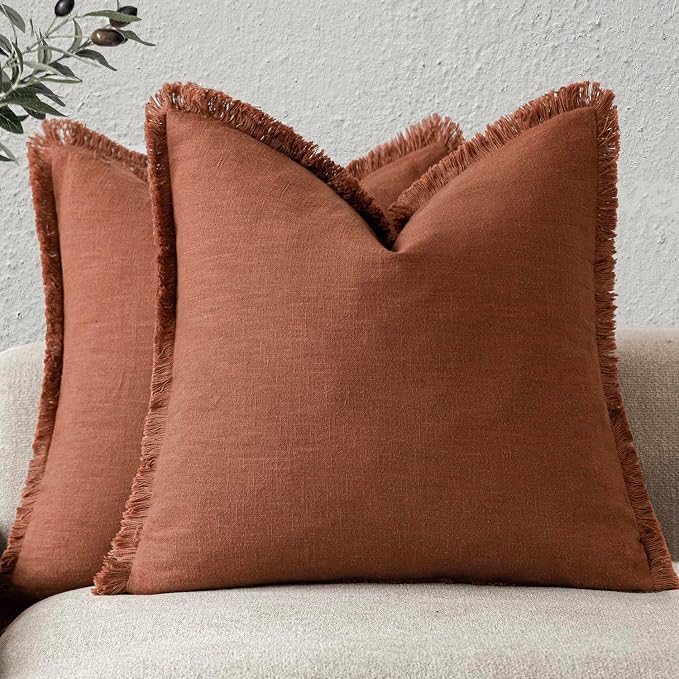 Foindtower Set of 2 Decorative Linen Fringe Throw Pillow Covers Farmhouse Cushion Cover with Tassels Soft Accent Pillowcase for Couch Chair Sofa Bed Living Room Home Decor,18×18 Inch,Fall Rust Orange