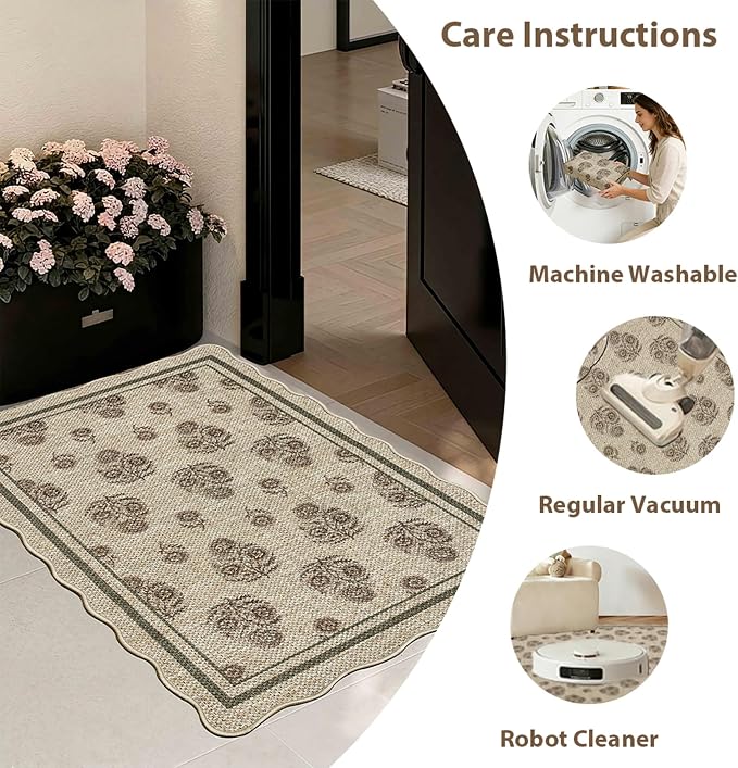 ORTIGIA Scalloped Easy Jute 2x3 Area Rug Vintage Brown Floral Accent Farmhouse Washable Rug Non-Slip Indoor Outdoor Carpet for Living Room Bedroom Kitchen Patio Entryway