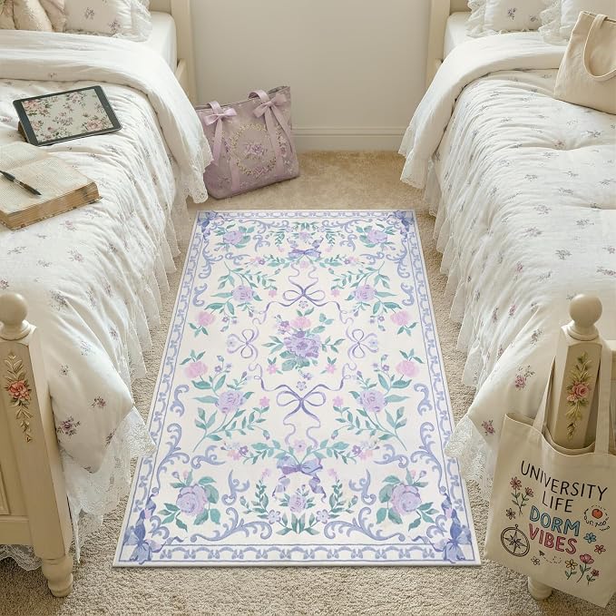 Collive 3x5 Nursery Rug, Boho Purple Floral Area Rugs Machine Washable, Soft Ultra-Thin Bow Carpet Non Slip for Girls Room Bedroom Entryway Playroom Living Room (Purple, 3' X 5')