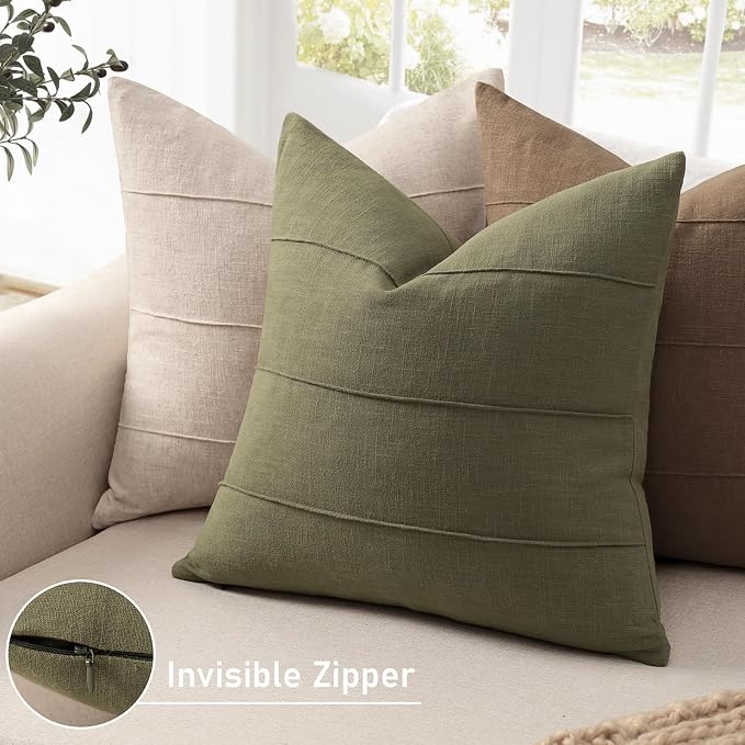 Decorative Linen Throw Pillow Covers 24x24 Set of 2 Solid handcrafted Striped Cushion Covers for Bed Soft Modern Farmhouse Neutral Pillowcase for Couch Bedroom Living Room Home Decor(Olive Green)