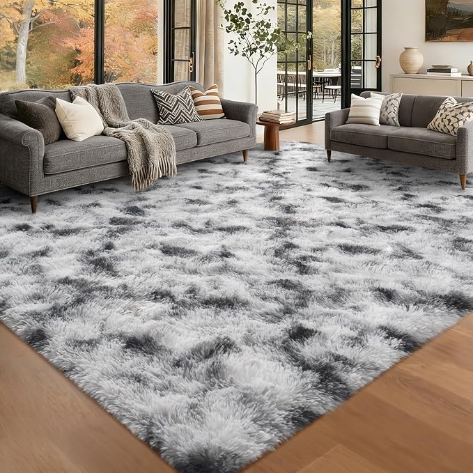 Large Shaggy 6x9 Area Rugs for Living Room Decor, Non-Slip Tie-Dyed Rugs for Bedroom Kids Playroom Dorm Room, High Pile Ultra Soft Carpet, Black White