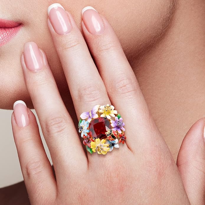 Santuzza 925 Sterling Silver Enamel Flower Ring for Women