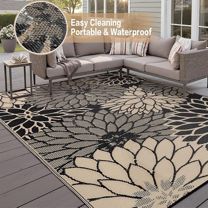 HUGEAR 8'x10' Outdoor Rug Waterproof Plastic Straw Rugs Large Brown Reversible Floral Mat Floor Carpet for Camping RV Deck Entryance Porch Picnic Balcony Beach Backyard