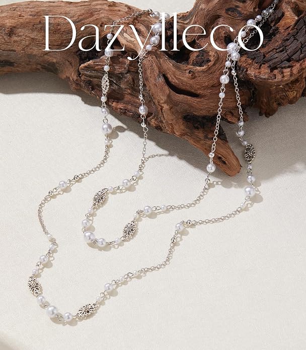 Long Beaded Silver Necklaces for Women Layered Long Statement Necklace with Stone Pearl Beads Double Sweater Chain Costume Jewelry for Women