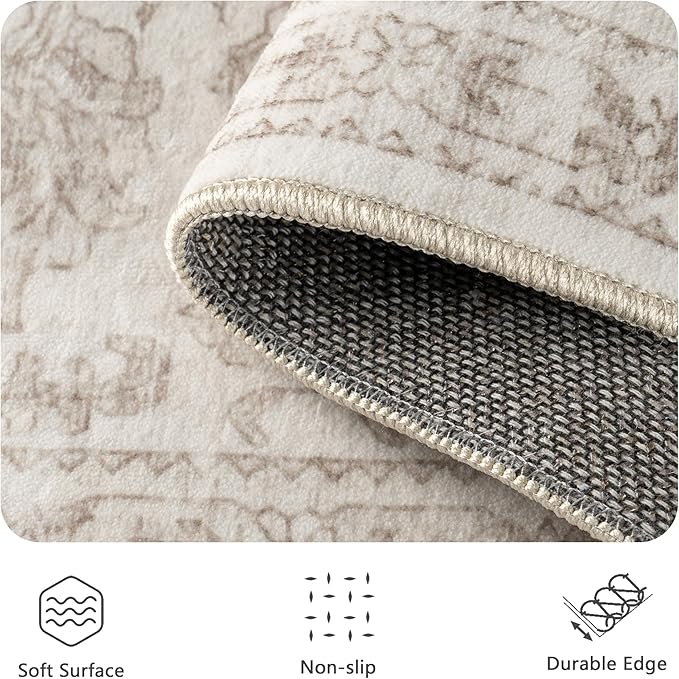 8x10 Area Rugs for Living Room, Washable Vintage Retro Floral Rug, Low Pile Non Slip Distressed Large Carpet for Bedroom, Dining Room, Office, Home (Light Brown)