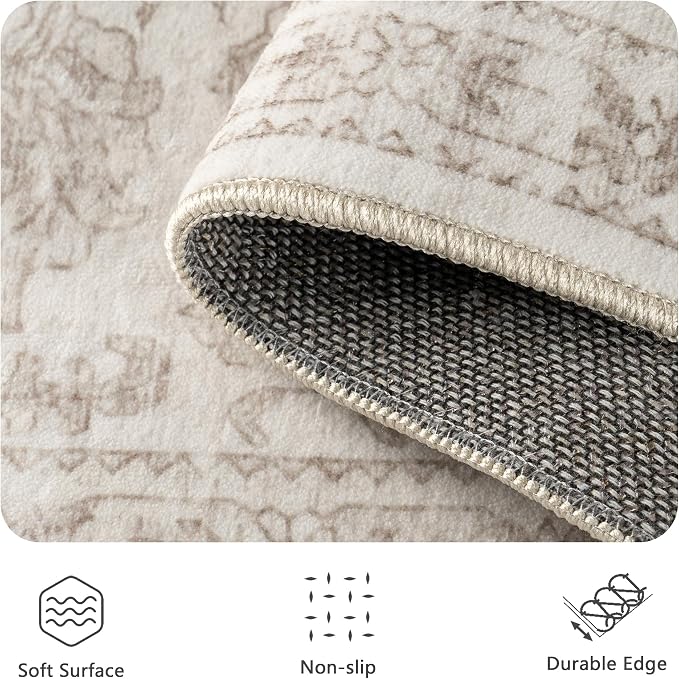 5x7 Area Rugs, Washable Vintage Retro Floral Rug for Living Room, Low Pile Non Slip Distressed Large Carpet for Bedroom, Dining Room, Office, Home (Light Brown)