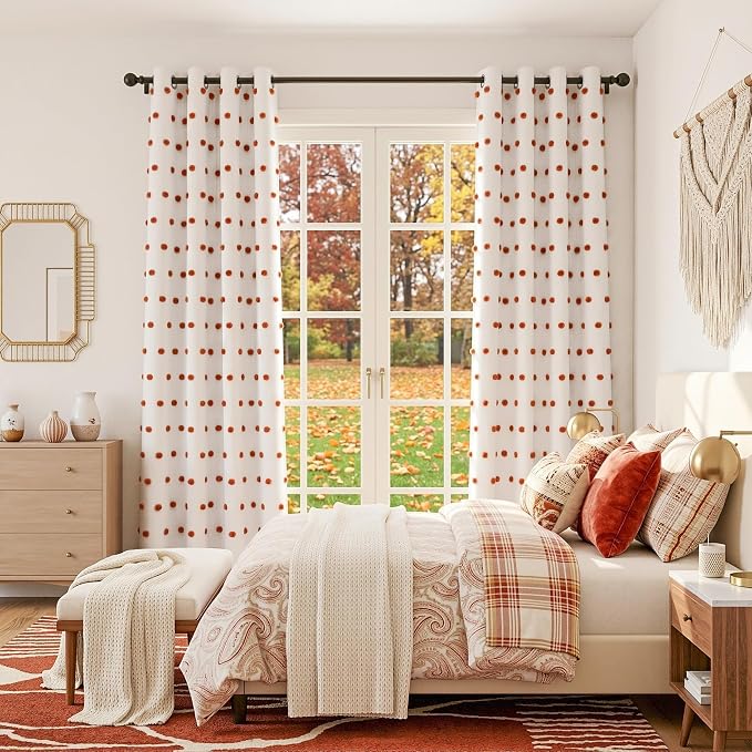 MYSKY HOME Boho Blackout Curtains 84 Inches Long for Bedroom 100% Room Darkening Curtain for Living Room Grommet Thermal Insulated Window Drapes with Terracotta Pom Pom Sheer 52W x 84L, 2 Panels