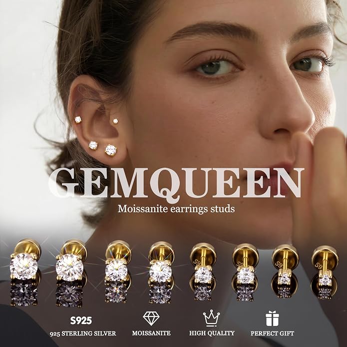 GEMQUEEN 3/4 Pairs Moissanite Earrings Studs 14K Gold Plated S925 Sterling Silver Flat Back Earring for Women Men - Hypoallergenic Set Cartilage Helix Piercing Jewelry Trendy D Color VVS1