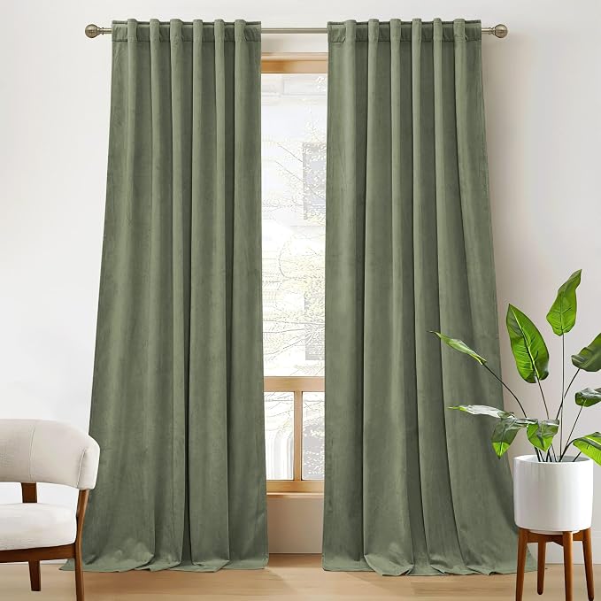 RYB HOME Plush Velvet Curtains, Heavy Duty Back Tab Decorative Window Drapes Privacy Room Darkening Covering for Living Room Playroom, Sage Green, W52 x L90 inches, Set of 2 Panels