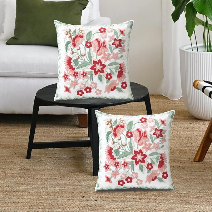 Set of 2 Embroidered Decorative Throw Pillow Covers Couch Square Pillowcases Cushion for Bedroom Sofa Farmhouse Decor 18x18 Inch (Angel Flower)