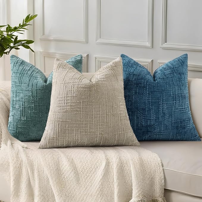 decorUhome Textured Chenille Throw Pillow Covers 18x18 Set of 2 Navy Blue | Fall Modern Farmhouse Soft Cozy Slubby Couch Pillow Cases Boho Decorative Pillow Cases for Bed Sofa Living Room Home Decor