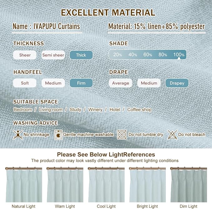 IVAPUPU Blue Pinch Pleated Full Blackout Linen Curtains for Bedroom, Black Out Curtains 84 Inches Long for Living Room Darkening Thermal Insulated Neutral Pleat Drapes with 16 Hooks, 2 Panels