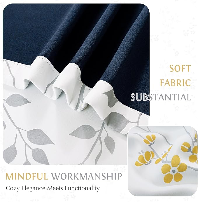 Beauoop Floral 100% Blackout Curtains Bedroom Yellow Grey 52X63 2 Panels | Flower Patterned Yellow White Room Darkening Drapes for Living Room Thermal Soundproof Window treatment Rod Pocket