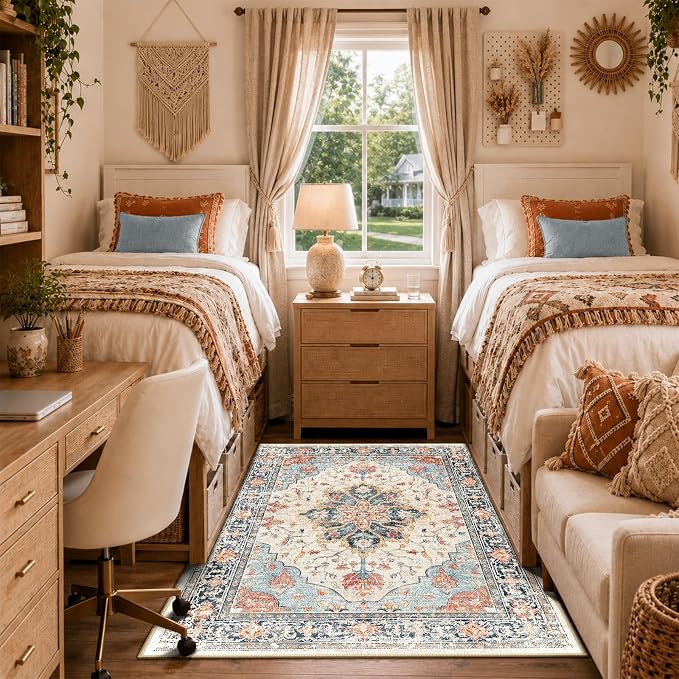 RELEANY Area Rugs 3'x5' Washable Non-Slip, Floral Vintage Distress Medallion Carpet for Living Room Bedroom Dining Room, Beige Navy Blue Orange Colorful