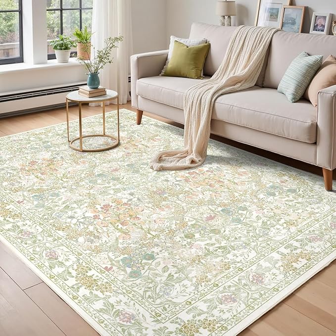Farmhouse Sage Green Washable Living Room Rug 5x7, Floral Area Rug for Bedroom, Nursery, Dining Room Under Table, Home Office, Low Pile Non Slip Boho Carpet, Soft Cottagecore Botanical Accent Mat