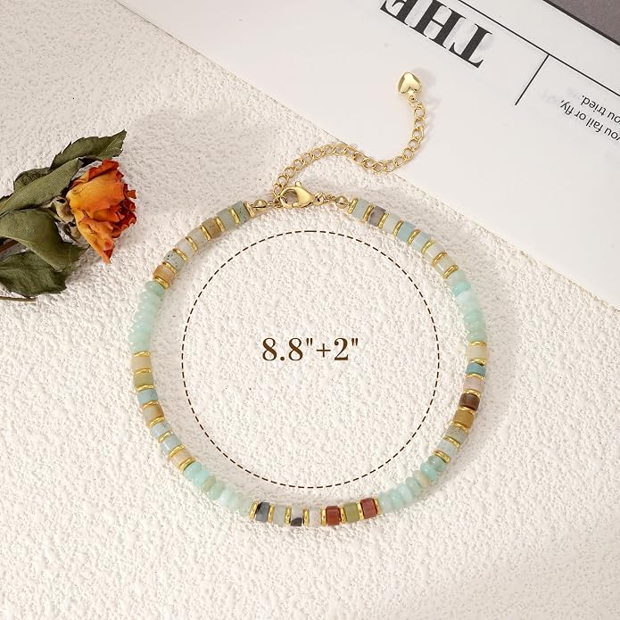 Natural Stone Beaded Anklets for Women Teen Girl Gifts Trendy Stuff Boho Anklet Colorful Bead Ankle Bracelets for Women Waterproof Handmade Beach Gifts Summer Jewelry Birthday Christmas Gift