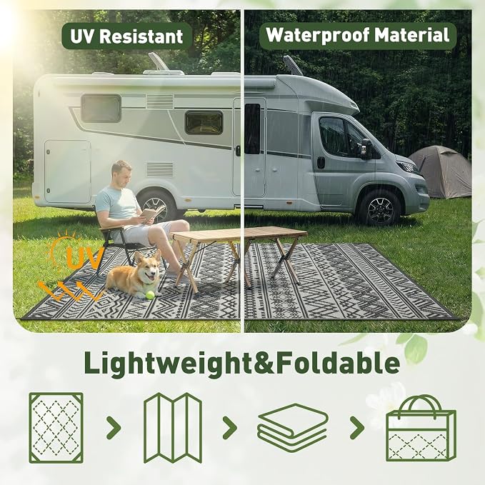 MontVoo Outdoor Rug Carpet Waterproof 10x14 Outdoor Patio Rug Mat Reverisble Plastic Straw Outdoor Rugs for RV Camping Picnic Beach Balcony Boho Grey Large