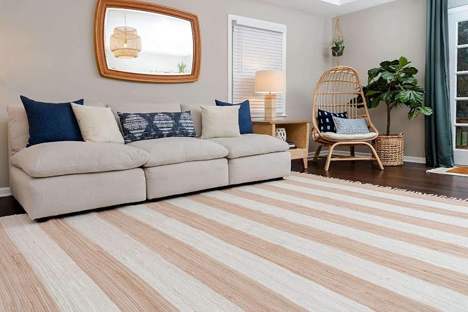 Unique Loom Chindi Rag Collection Area Rug - Striped (6' 1" x 9' Rectangle, Beige/ Ivory)