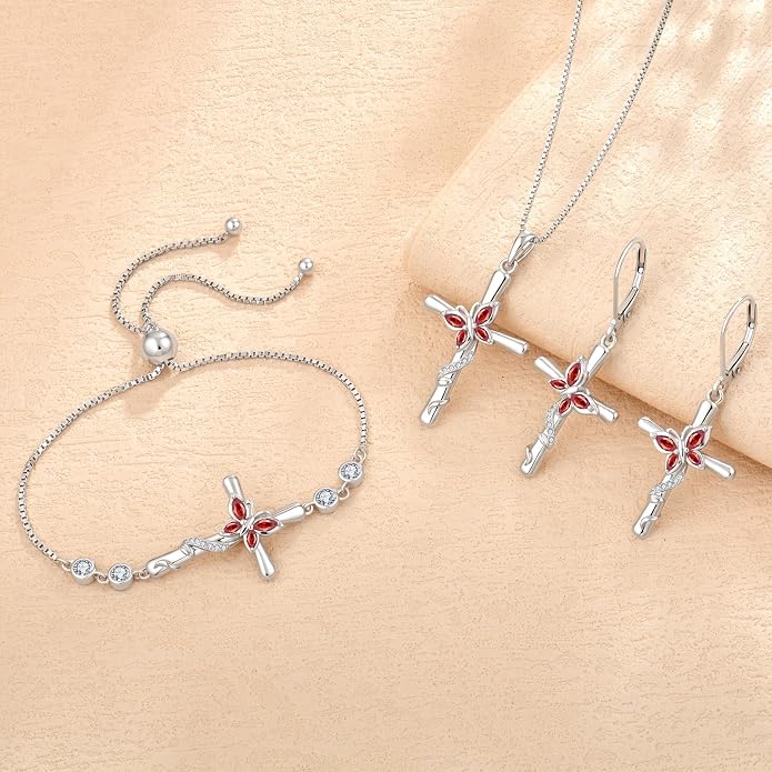 Cross Necklace for Women 925 Sterling Silver Butterfly Necklace Birthstone Pendant Created Gemstone Jewelry Gifts for Women