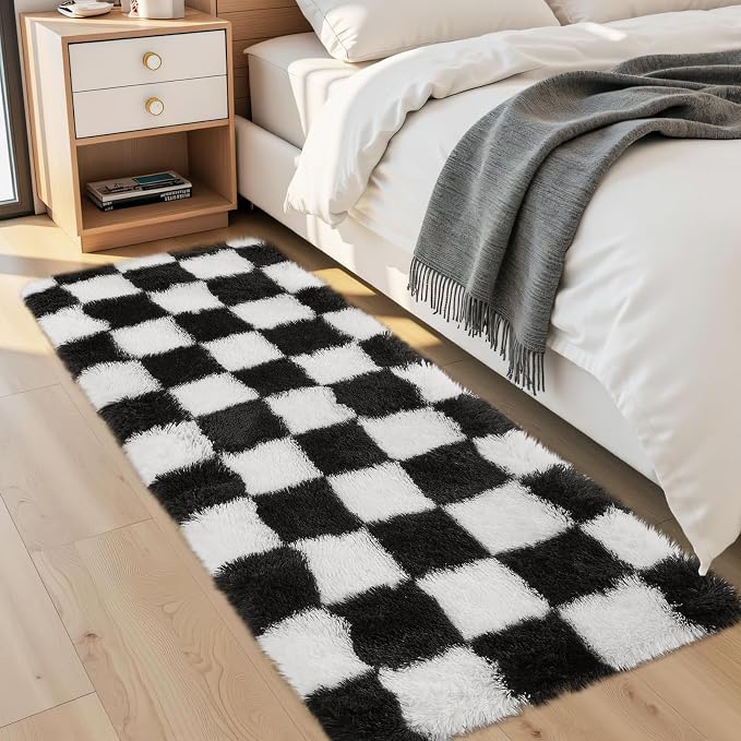 Garvee Checkered Fluffy Runner Rugs 2x6 Runner Rug for Hallyway Non-Slip Ultra Soft Checkered Fluffy Rugs for Girls Kids Room Shag Plush Rug for Teen Room Decor Bedroom,Black