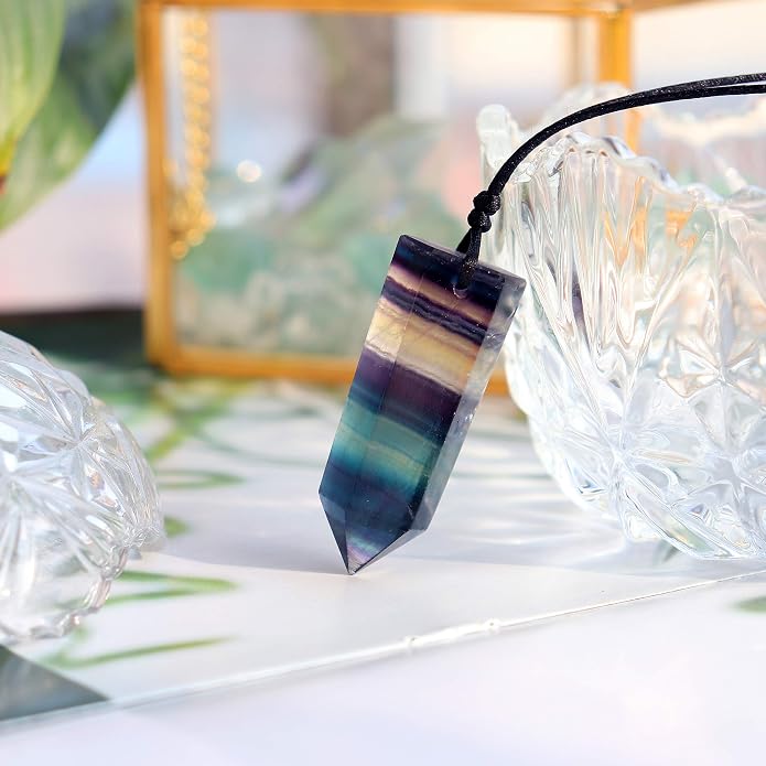 Runyangshi Healing Crystal Pendants, Single Pointed Natural Crystal Quartz Necklace 6 Faceted Chakra Crystal Wand Stone Reiki Energy