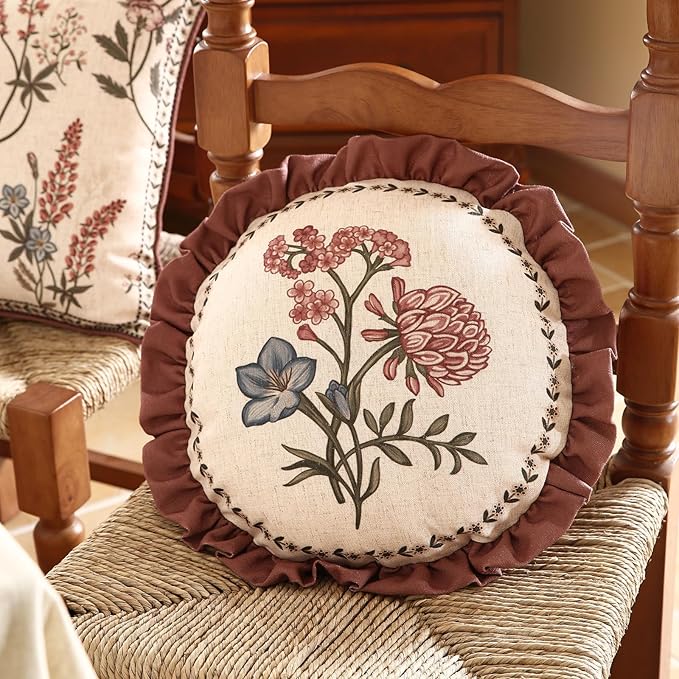 ISAENNE Designer Vintage Linen Throw Pillow Cover,Diameter 16"-Helena D | French Elegant Round Decor Pillow Cover,Concealed Zipper Design,Floral Pattern,Sofas,Bedroom,Living Room,Lounge Chairs