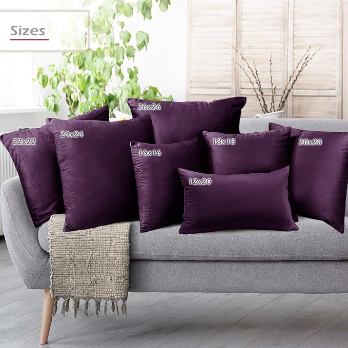 Nestl Throw Euro Pillow Covers, Cozy Velvet Decorative Pillow Covers 26 x 26 Inches, Soft Solid Couch Pillow Case for Sofa, Bed and Car, Set of 2 - Eggplant Purple
