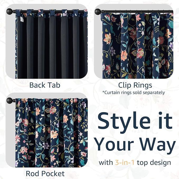 jinchan Dark Blue Floral Blackout Curtains 96 Inch Back Tab 2 Panels | Room darkening, light blocking, elegant vintage drapes, botanical floral print, bedroom, living room, window treatment