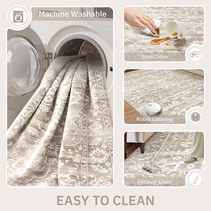 Soalmost 5x7 Area Rugs for Living Room, Washable Neutral Soft Rug | Vintage Floral Non-Slip Low Pile Throw Large Carpet for Dining Room Bedroom Kitchen Home Office Nursery Light Brown 5'x7'
