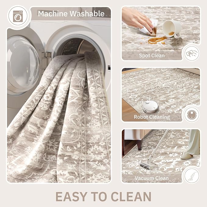 Soalmost Living Room 10x14 Area Rugs, Washable Soft Rug Light Brown | Low Pile Non-Slip Stain Resistant Extra Large Thin Rug, Vintage Throw Carpet for Dining Room Bedroom Farmhouse Home Office