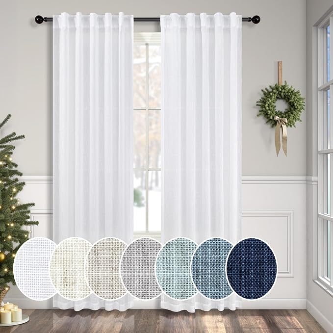 Pitalk White Linen Curtains 36 Inch Wide for Living Room 2 Panels Set Back Tab Drapes Rod Pocket Semi Sheer Light Reducing White Cotton Curtains for Bedroom 36 x 96 Inches Long