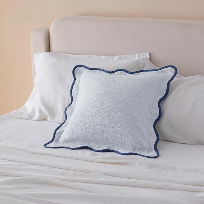 Double Stitch Scalloped Throw Pillow Covers - 100% Cotton Decorative Boho Pillow Covers 20 x 20, Made in India, Square Cushion Case, Modern Home Decor for Couch Sofa Living Room, Arctic Blue
