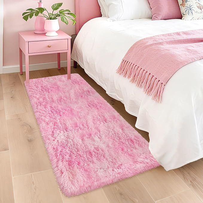 Soft Plush Pink Fluffy Rug 2x5 Ft, Fuzzy Shag Runner Carpet for Girls Bedroom, Bedside, Living Room, Hallway, Kids Room, Nursery, Kawaii Home Decor