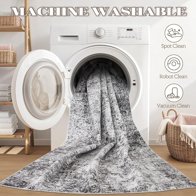 DMOYEST 5ft Round Area Rug Living Room Rugs - 5x5 Washable Large Soft Indoor Neutral Modern Abstract Low Pile Rug Carpet for Bedroom Dining Room Farmhouse Home Office - Grey