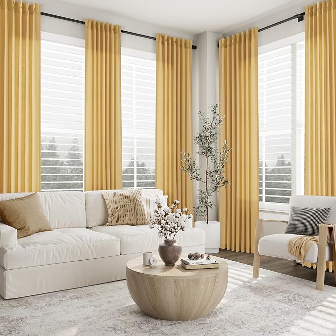 Aersas Gold Yellow Pinch Pleated Linen Curtains 96 Inch Length 2 Panels for Living Room Bedroom Semi Sheer Window Curtain Boho Neutral Back Tab Pinch Pleat Drape with Hooks 40x96