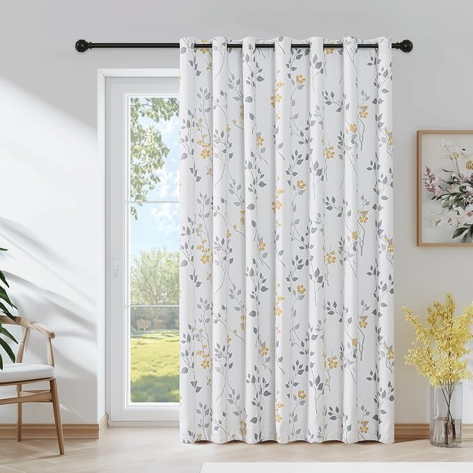 Beauoop Floral 100% Blackout Sliding Door Curtains Yellow Grey 100x84 1 Set | Flower Patterned Yellow White Room Darkening Patio Curtains Extra Wide Room Divider Drapes Thermal Window treatment Grommet