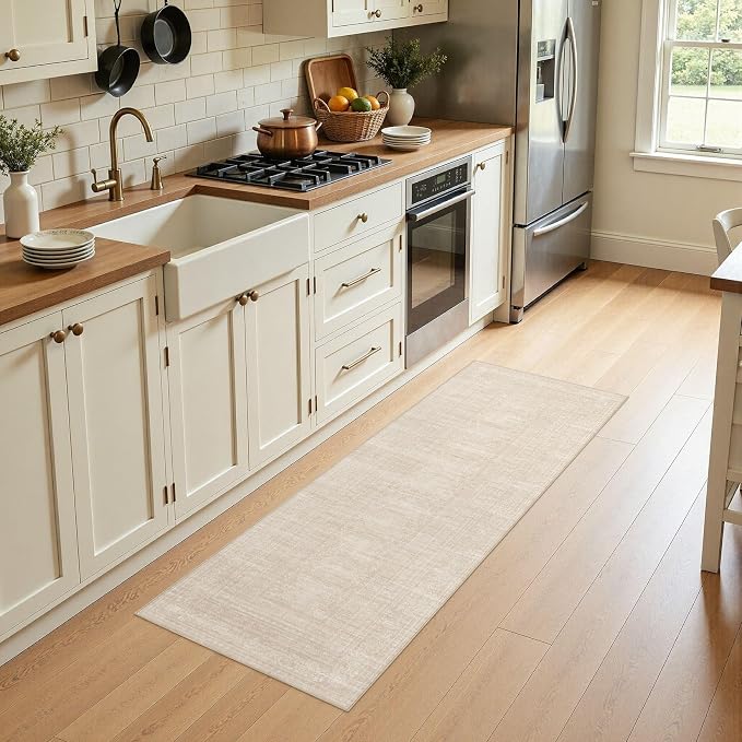 Nakagishi Washable Runner Rug 2x6: Vintage Neutral Non-Slip Entryway Rug for Hallway & Kitchen, Soft Low Pile Floor Carpet for Bedroom - Beige
