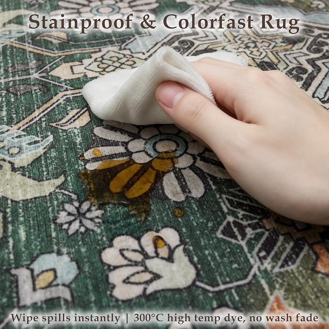 Ruaruarug Area Rug 8'×10', Non Slip Machine Washable Ultra Soft Stain & Fade Resistant, Pet & Kids Friendly, for Living Room/Bedroom/Kitchen/Classroom, Dark Green
