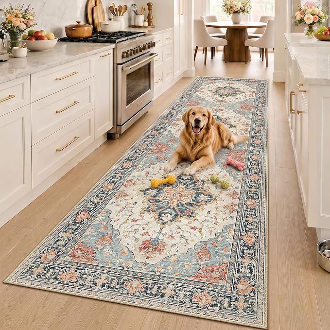 RELEANY Area Rugs Runner 3'x10' Washable Non-Slip, Floral Vintage Distress Medallion Carpet for Kitchen Hallway Bedroom Beside Laundry Room Bathroom, Beige Navy Blue Orange Colorful