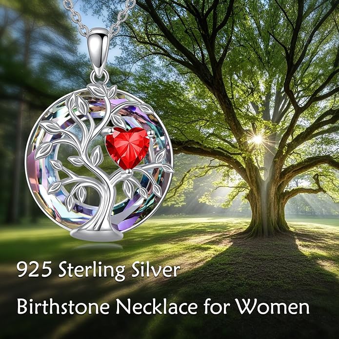Tree Of Life Birthstone Necklace 925 Sterling Silver Crystal Family Tree Pendant Necklaces Heart Birthstone Jewelry For Women Female Anniversary Birthday Gifts