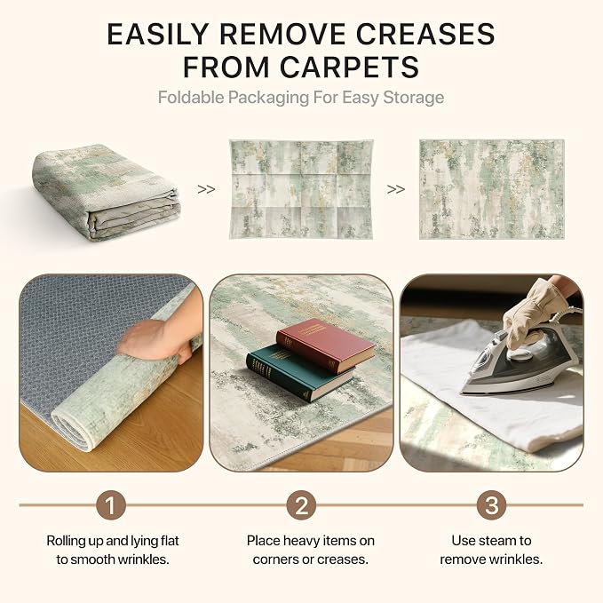 GENIMO Abstract Area Rug 8x10, Washable Large Modern Rug Non Slip, Low Pile Lightweight Soft Carpet for Living Room, Bedroom, Dining Room, Sage Cream