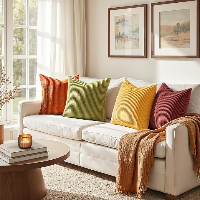 EMEMA Burnt Orange Decorative Throw Pillow Covers 24x24 Inch Set of 4 Boho Farmhouse Corduroy Striped Square Pillow Case,Western Modern Cushion Covers for Couch Bed Livingroom Home Decor